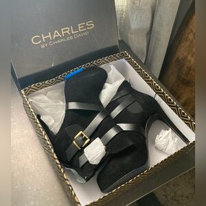 Charles by Charles David Strappy Heeled Boot- 8.5  Black Suede